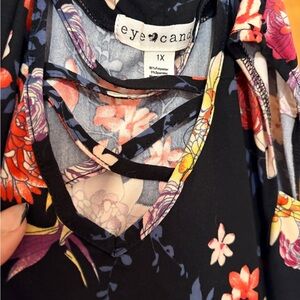 eye candy Black Floral V-Neck Blouse with Pink & Red Accent Flowers